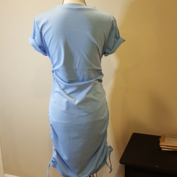 Blue Drawstring Ruched Short Sleeve Dress New - Picture 6 of 7